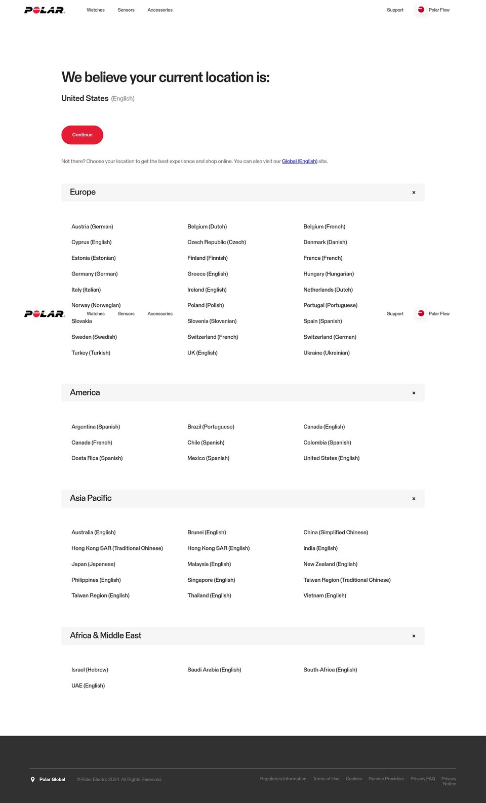 Polar (location chooser page) desktop